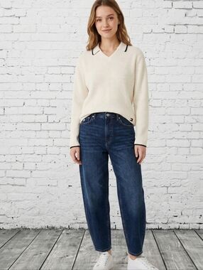 Vintage TOMMY HILFIGER Womens Light Cream Rib-Knit V-Neck Polo Sweater Medium